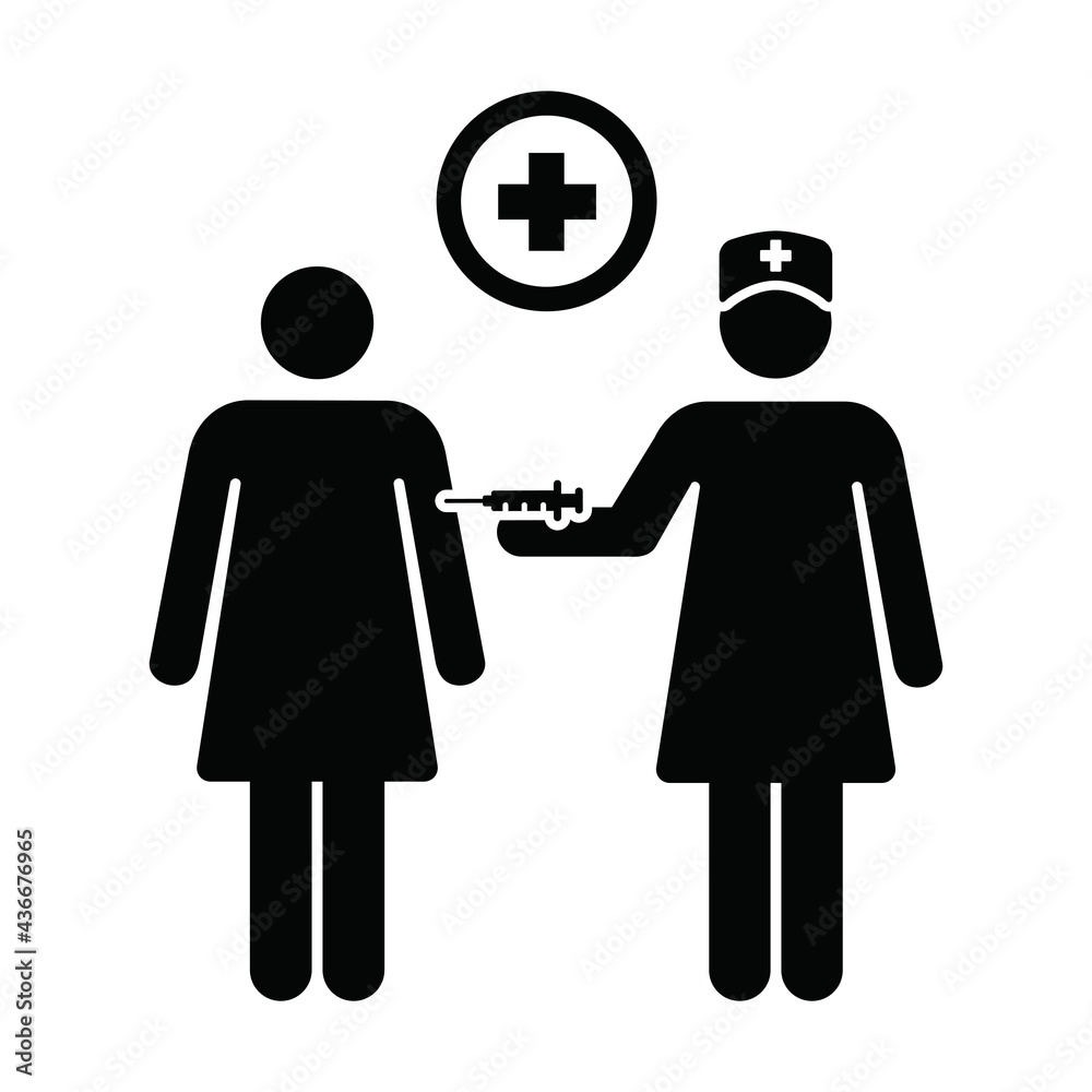 Vaccination icon vector with vaccine injection syringe person symbol for virus protection in a glyph pictogram illustration Vaccination icon vector with vaccine injection syringe person symbol for virus protection in a glyph pictogram illustration