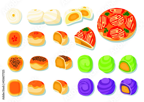 chinese pastry with sweet mung bean and salted egg. Moon cake or Chinese pastry filled with mung bean paste and salted egg on white background.on white background illustration vector