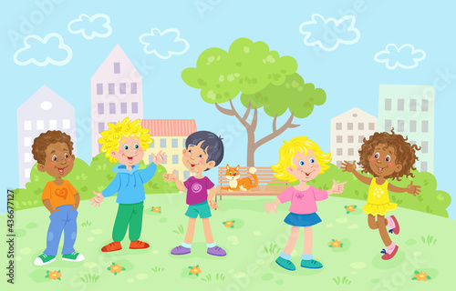 Happy children of different nationalities walk and talk in the summer city park.  In cartoon style. Vector flat illustration.