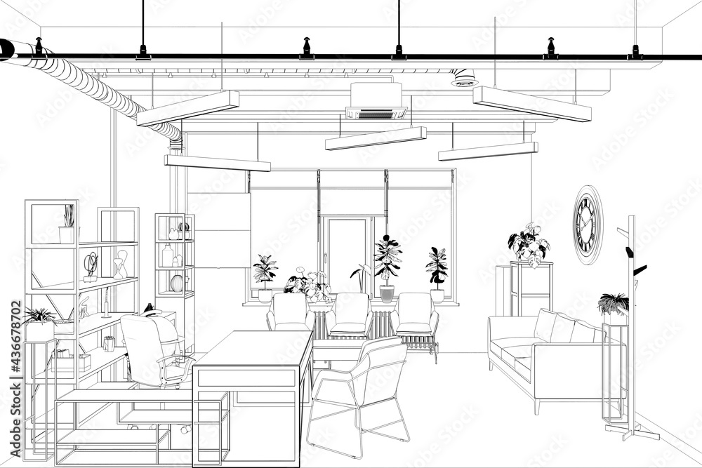 office contour visualization, 3D illustration, sketch, outline office contour visualization, 3D illustration, sketch, outline