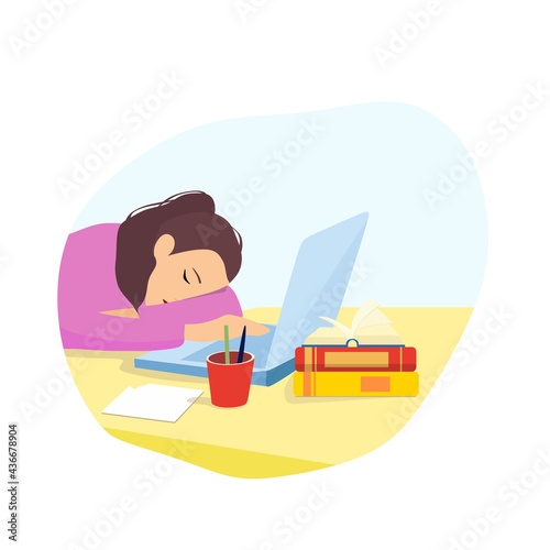 A tired girl at her desk with a laptop and books. Vector illustration.