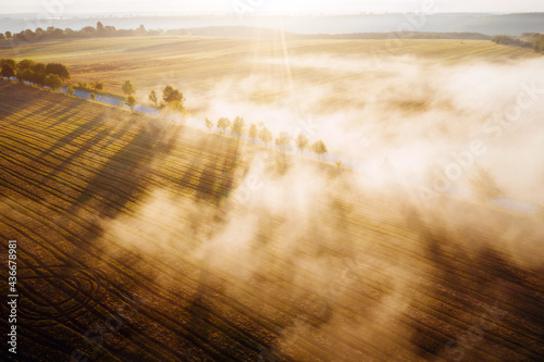 Splendid view from a drone flying over the morning agricultural land.