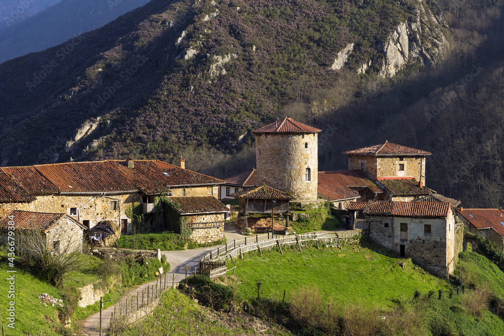 View of the mediaval village of Bandujo in Asturias mountains. North of Spain.