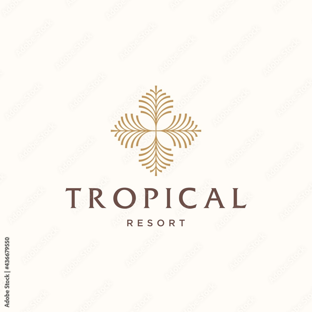 palm tree golden logo, coconut leaf logo vector icon illustration in Geometric minimal line style for holiday hotel vacation business