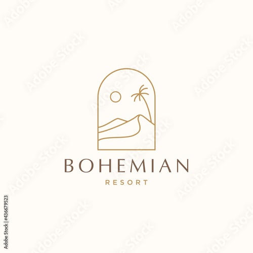 Desert boho logo with sun and palm tree golden line icon, abstract design element in modern boho style design Illustration for social media post and story