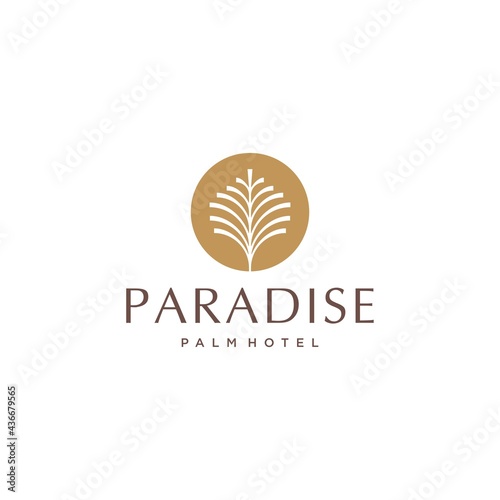 palm tree golden logo, coconut leaf logo vector icon illustration in Geometric minimal line style for holiday hotel vacation business
