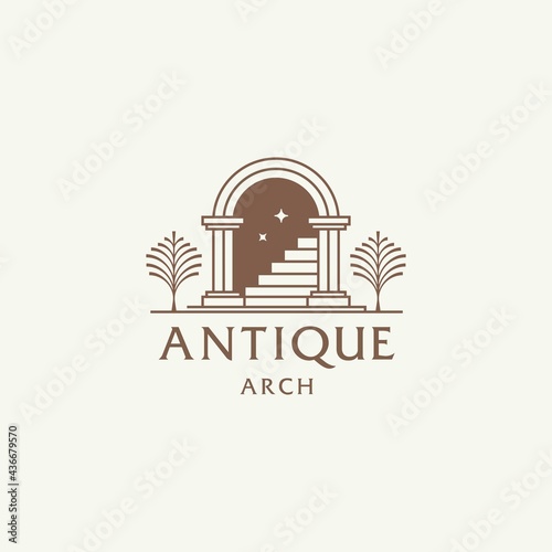 mystic doorway logo, antique arch architecture entrance and stairway icon, with door, window and palm trees in contemporary aesthetic boho style 