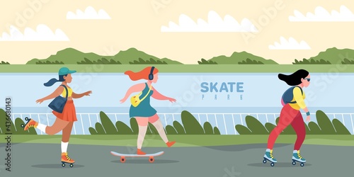 Skate park. People skating or skateboarding. Natural area with skateboard track. Women training outdoor. Leisure and extreme hobby. Cute teenagers fast travel on road. Vector city sport
