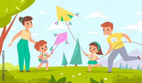 Family fly kites. Happy mother and father with children launch wind toys into sky. People walking in park. Parents and joyful kids spend time together. Vector summer outdoor recreation