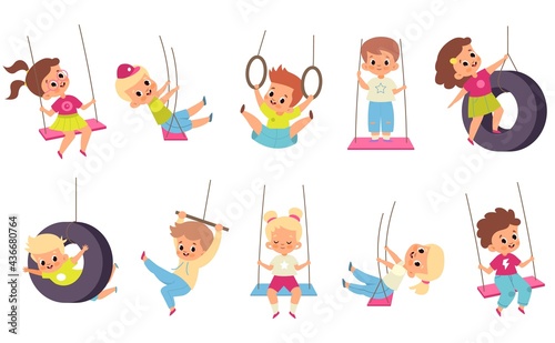 Rope swings kids. Cartoon boys and girls flying on seesaw. Types set of children carousels. Babies play on playground.. People walk and have fun in park. Vector outdoor activities