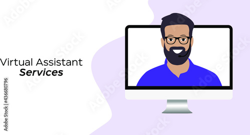 Virtual Assistant Services Banner and Poster with Modern Character with Beard and Microphone. Abstract Vector Banner