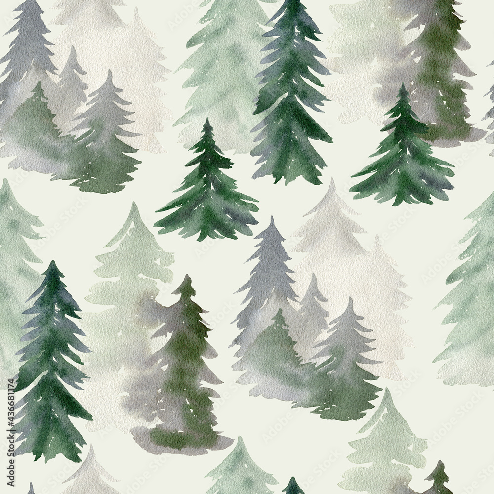 Seamless pattern with watercolor tree.