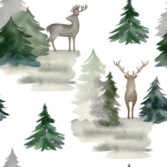 Fototapete Waldtiermuster Aquarellbäume als nahtloses Naturmuster  © Tapilipa