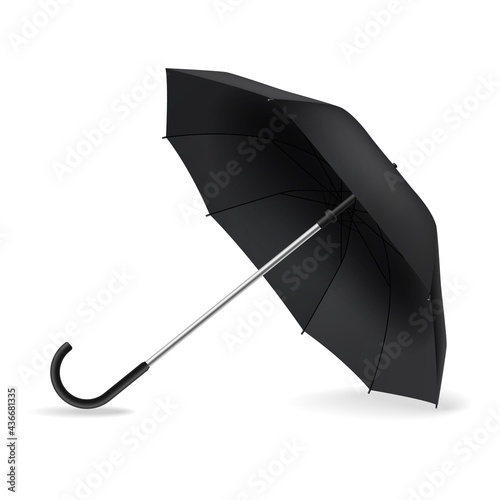 Open umbrella. Realistic black mockup. Side view weather object on ground with shadow, rain protect, parasol for branding, advertise and presentation single vector isolated element