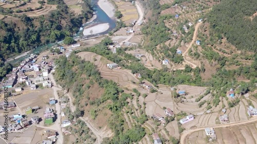 Beautiful village in the bank of river, Aerial view Gulmi Nepal.  photo