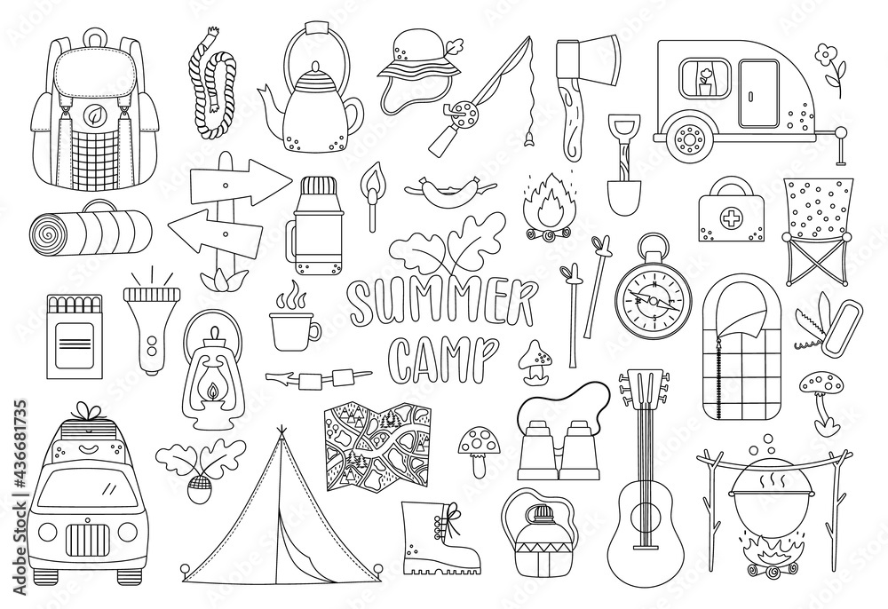 Vector black and white summer camp set. Camping, hiking, fishing equipment collection. Outdoor nature tourism outline icons pack with backpack, van, rod, clothes, fire place, sleeping bag. . Vector black and white summer camp set. Camping, hiking, fishing equipment collection. Outdoor nature tourism outline icons pack with backpack, van, rod, clothes, fire place, sleeping bag. .