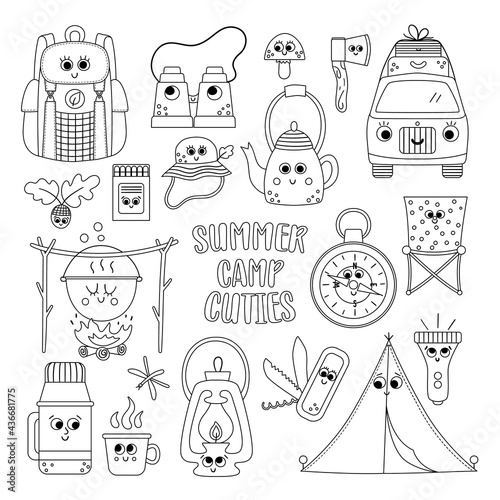 Vector black and white summer camp kawaii elements set. Camping, hiking, fishing equipment collection. Outdoor nature tourism outline icons pack with backpack, van, tent.