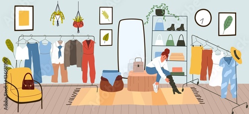 Dressing room. Woman puts on or tries clothes. Comfortable apartment with rack for garments and shelves shoes or fashion accessories. Mirror and soft armchair. Vector clothing storage