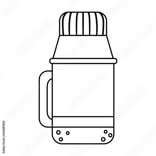 Vector black and white thermos bottle isolated on white background. Winter or camping traditional warming drink outline illustration. Hiking hot beverage or tea flask line icon..
