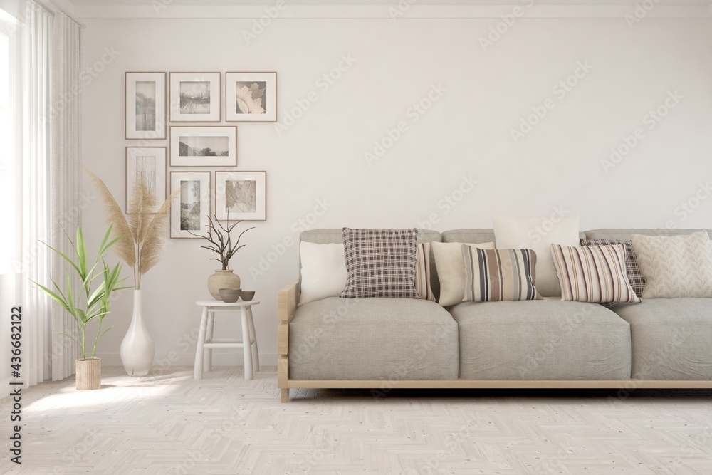 White living room with sofa. Scandinavian interior design. 3D illustration White living room with sofa. Scandinavian interior design. 3D illustration