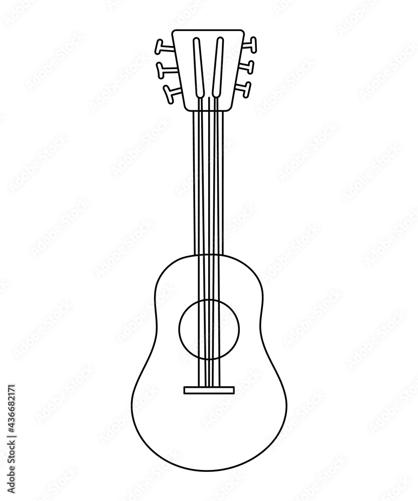 Vector black and white guitar icon isolated on white background. Outline string acoustic musical instrument. . Vector black and white guitar icon isolated on white background. Outline string acoustic musical instrument. .