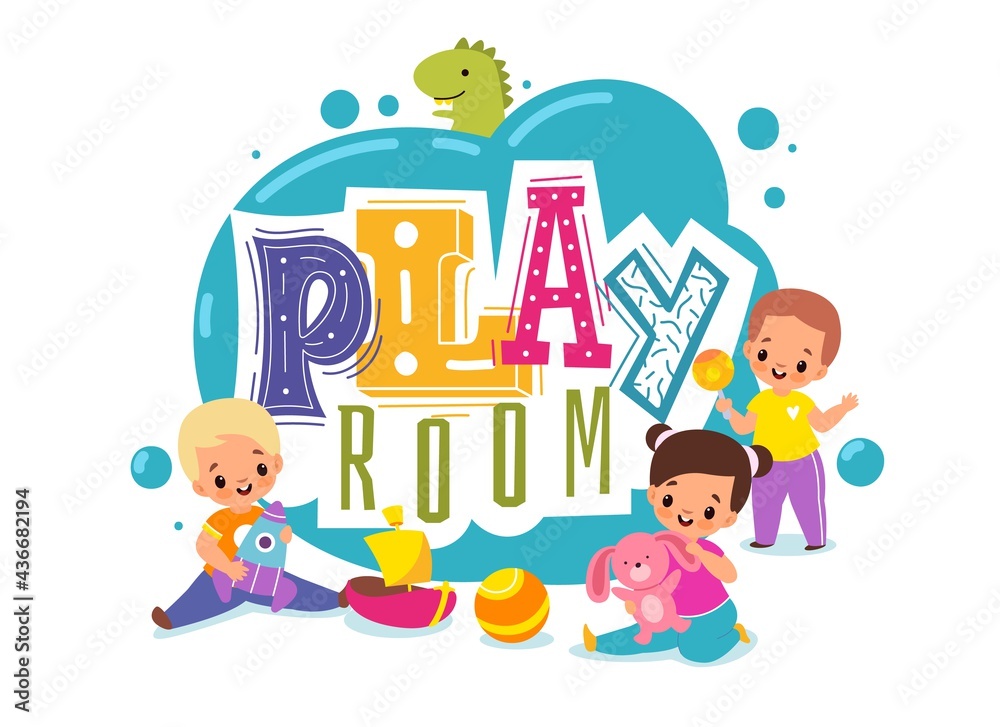 Kids play room. Playground cartoon logo. Children zone for games. Boys and girls with plush bunny or toy rocket. Toddler holds rattle. Colorful lettering. Vector baby entertaining area Kids play room. Playground cartoon logo. Children zone for games. Boys and girls with plush bunny or toy rocket. Toddler holds rattle. Colorful lettering. Vector baby entertaining area