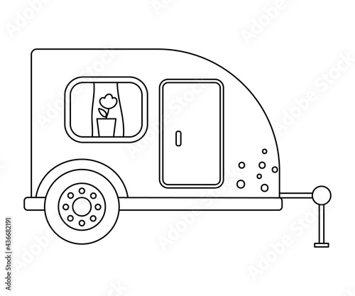 Vector black and white tourist trailer with door and window. Cute outline camper van isolated on white background. Camping carrier car line illustration. Journey vehicle concept. Mobile home icon .