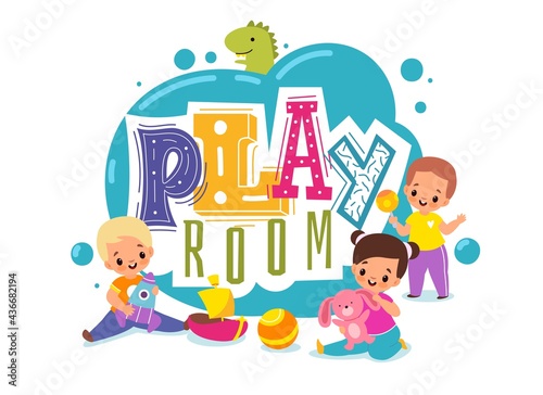 Kids play room. Playground cartoon logo. Children zone for games. Boys and girls with plush bunny or toy rocket. Toddler holds rattle. Colorful lettering. Vector baby entertaining area