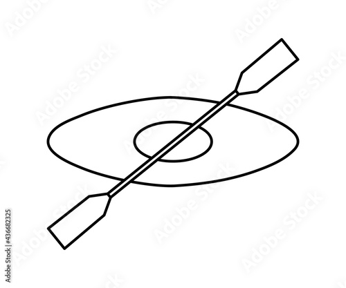 Vector black and white boat icon. Line art kayak with paddle isolated on white background. Outline rafting equipment picture..