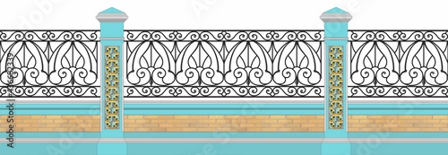 Classic Iron Fence With Brick Pillars. Urban Design.   Luxury Modern Architecture. Art Nouveau. Ornamental fence. Palace. City. Street. Park. Wrought Iron Railing. Blacksmithing. Isolated on white.