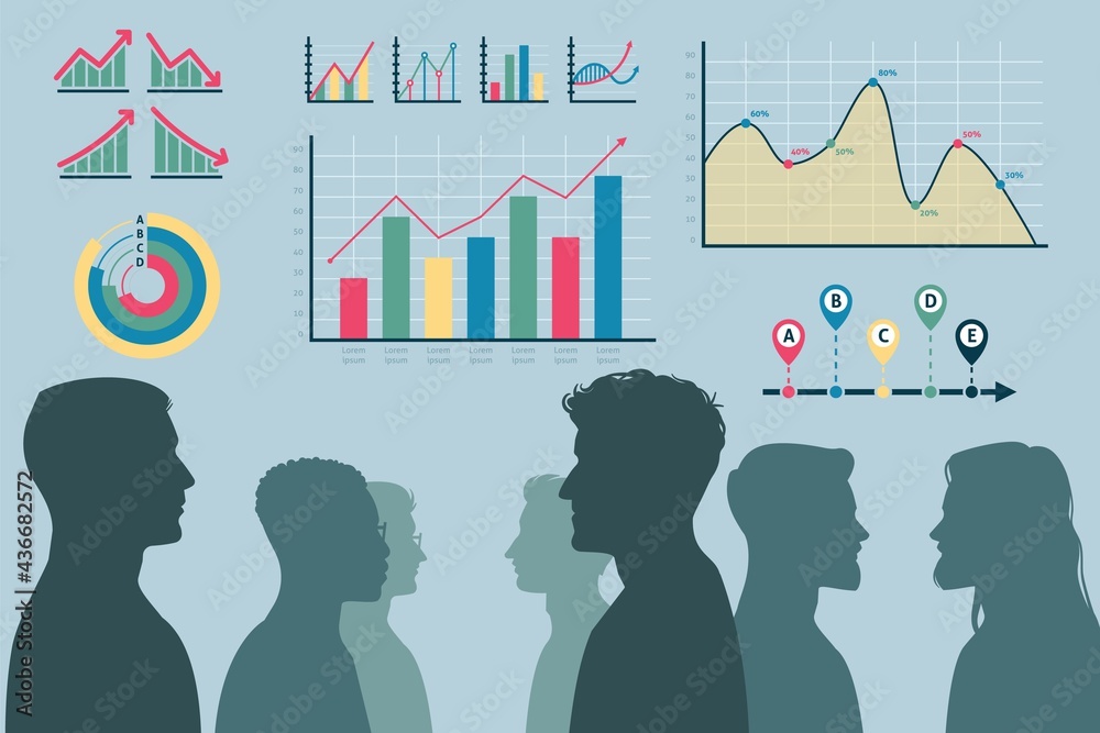 Teamwork process. Male heads silhouettes and infographics. Effective team workflow organization. Display of labor productivity growth in charts. Vector office employees work together Teamwork process. Male heads silhouettes and infographics. Effective team workflow organization. Display of labor productivity growth in charts. Vector office employees work together