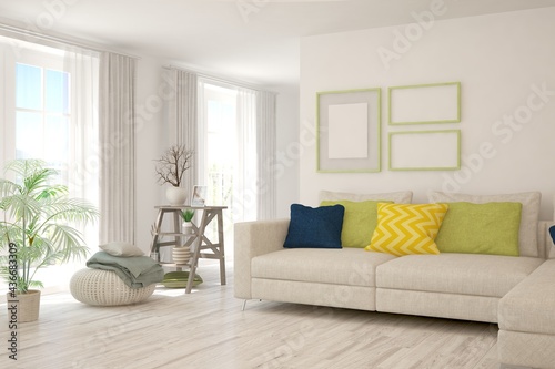 White living room with sofa. Scandinavian interior design. 3D illustration