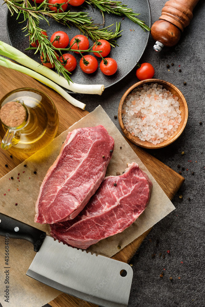 Ingredients for cooking beef steaks, removed from the top. Ingredients for cooking beef steaks, removed from the top.