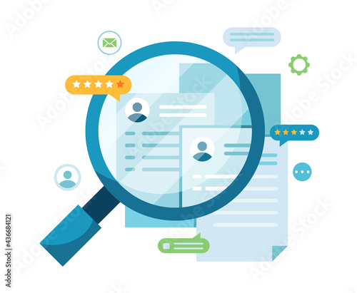 Recruitment process vector illustration for web page,banner.We are hiring concept.Hr managers searching employee,worker.Select a resume.Agency interview.Choosing best candidate for job.Join our team