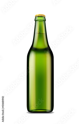 Realistic light beer in green bottle, alcoholic beverage, template for product packaging and advertising.