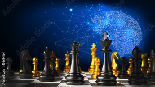3D Rendering, Business plan strategy, management strategic leader concept of Brainstorming with conceptual strategy team, Leadership king chess board game with blue low poly shape of storm background