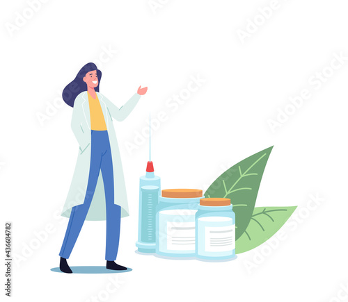 Medical Vaccination. Tiny Female Doctor Character with Huge Syringe Invite for Immunization with Vaccine Injection Dose