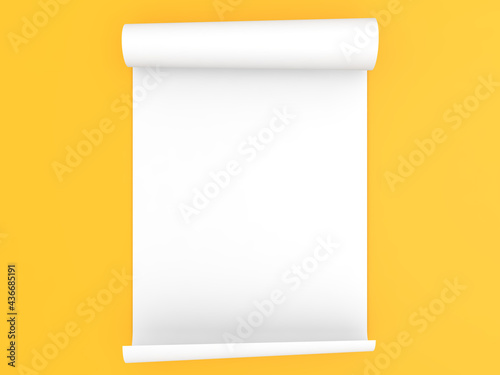 Rolled roll of A4 paper on a yellow background. 3d render illustration.