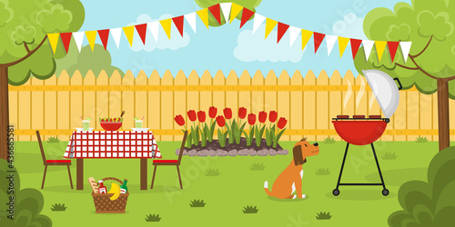 Barbecue party in the backyard with trees and flowerbed. Holliday dinner in the garden. Banner.