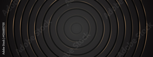Luxury abstract gold circle lines on black background. Dynamic premium minimalist BG with geometric elements. Exclusive wallpaper design for event frame, Black Friday sale banner, Xmas New Year 2022 
