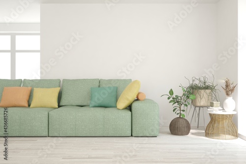 Soft color living room with sofa. Scandinavian interior design. 3D illustration