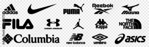 Vinnytsia, Ukraine - May 30, 2021: Popular logos of popular sportswear  brands. Adidas, Nike, Puma, Reebok, Mizuno, Fila, Under Armour, Jordan,  Kappa, The North Face, Columbia New balance Umbro ASICS –  Stock-Vektorgrafik | Adobe Stock