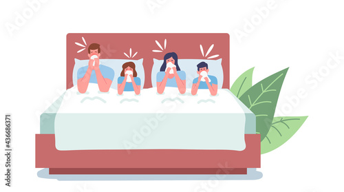 Family Characters Caught Flu Concept. Unhappy Sick Mom, Dad and Children Sitting in Bed Having Fever, Coughing, Sneezing