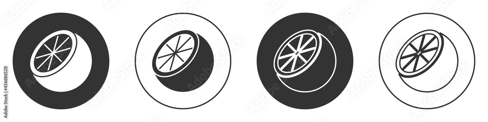 Black Orange fruit icon isolated on white background. Circle button. Vector