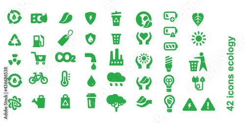42 icons on the theme of Ecology. Icons for site decoration. Emblems for the protection of nature. Beautiful set illustration ecology