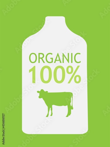organic 100% ecological dairy product emblem with cow and bottle white and green vector