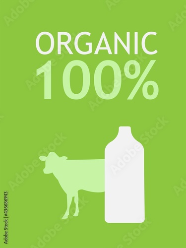 organic 100% ecological dairy product emblem with cow and bottle white and green vector