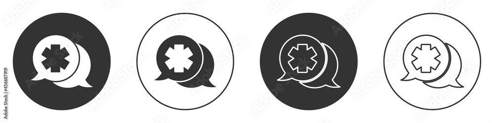 Black Dialogue with the doctor icon isolated on white background. Doctor and patient dialog. Consulting about medical health services. Circle button. Vector Black Dialogue with the doctor icon isolated on white background. Doctor and patient dialog. Consulting about medical health services. Circle button. Vector