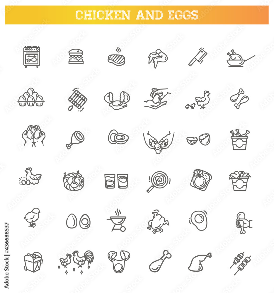 Chicken Meat. Thin Line Icons. Eggs icons set,Vector outline illustration. Broken eggs