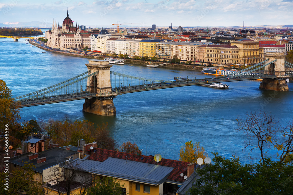 Image of view of Budapest Chain Bridge over Danube and Hungarian Parliament